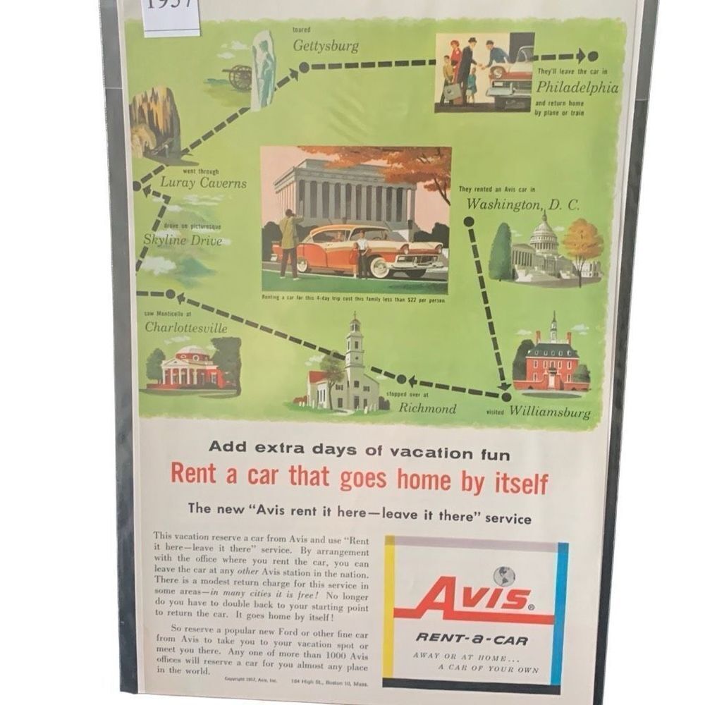 Vintage 1957 Avis Rant a Car That Goes Home By Itself Ad Advertisement